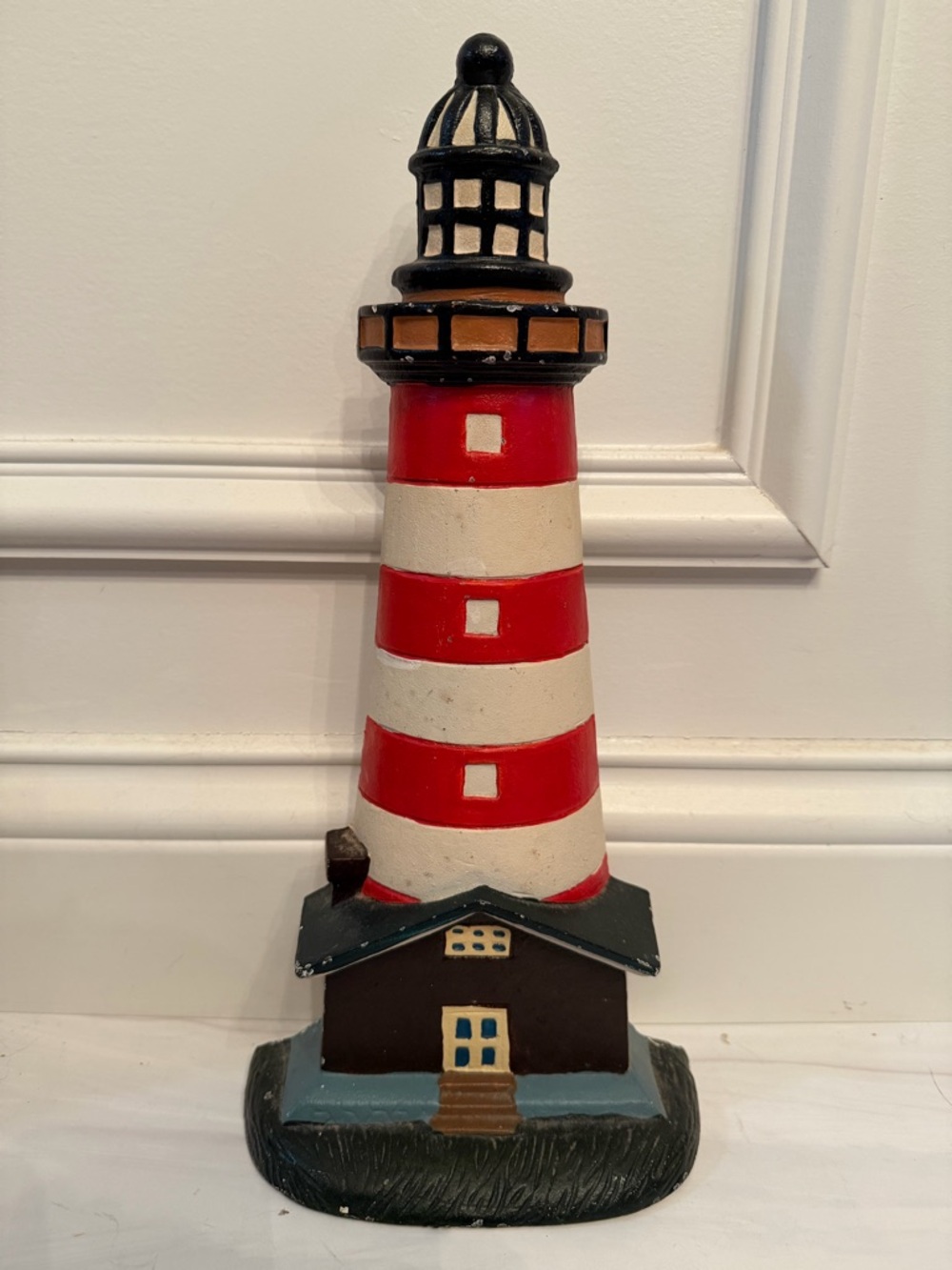 Vintage Painted Cast Iron Red/White Striped Lighthouse Decor / Doorstop